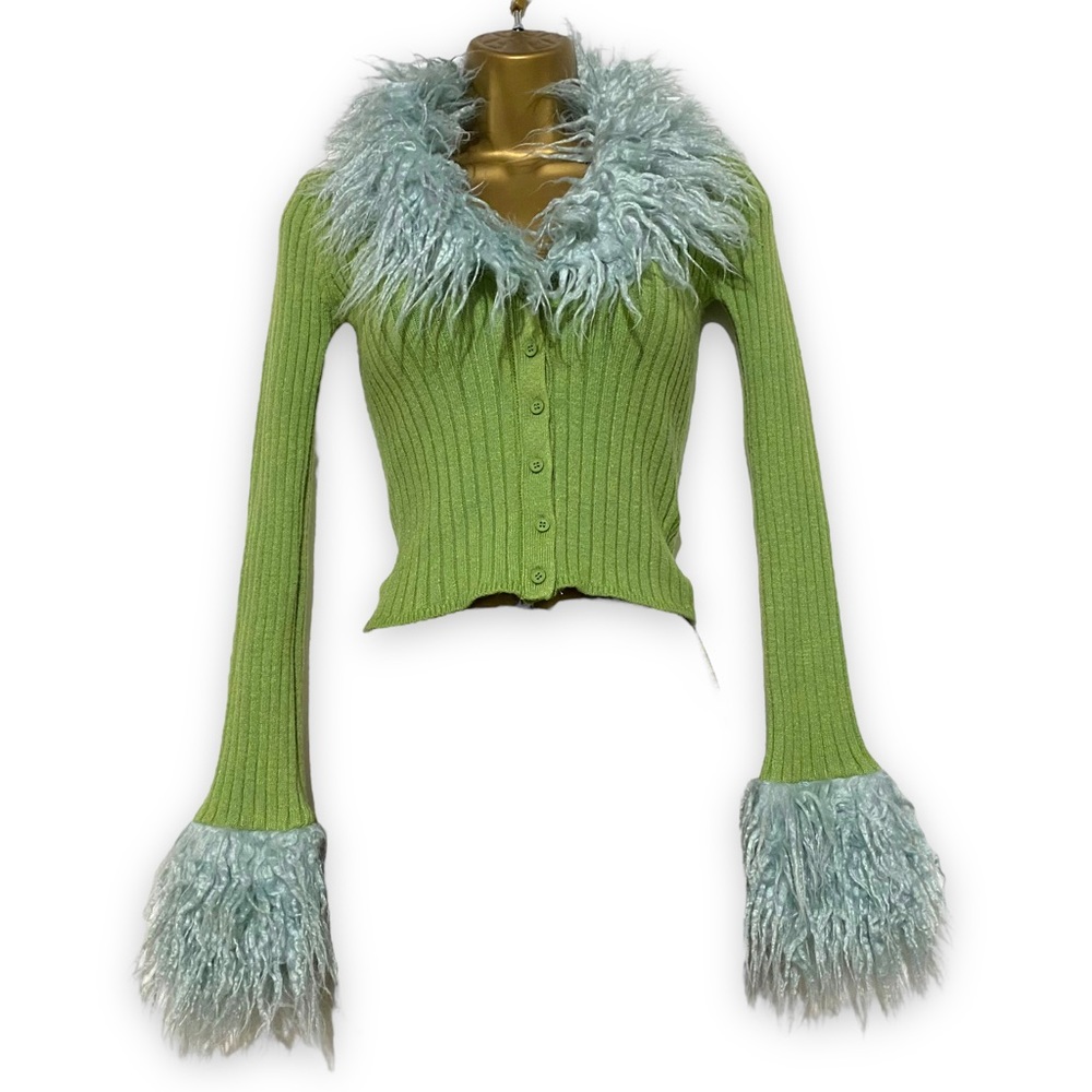 Urban Outfitters Cardigan Y2K Faux Fur Collar Cuffs Slim Fit Green XS Ribbed 90s - Picture 1 of 10